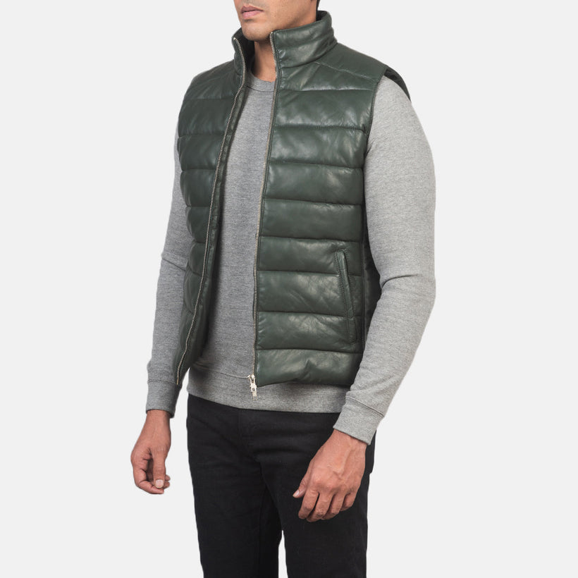 Green Sheepskin leather Vest - Back View Showing Tailored Shoulder Fit & Clean Hemline