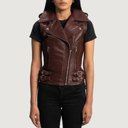 
Women's Rhonda Maroon Leather Biker Vest in Maroon Sheepskin Leather - Front Profile View & Tailored Silhouette | Buy Online