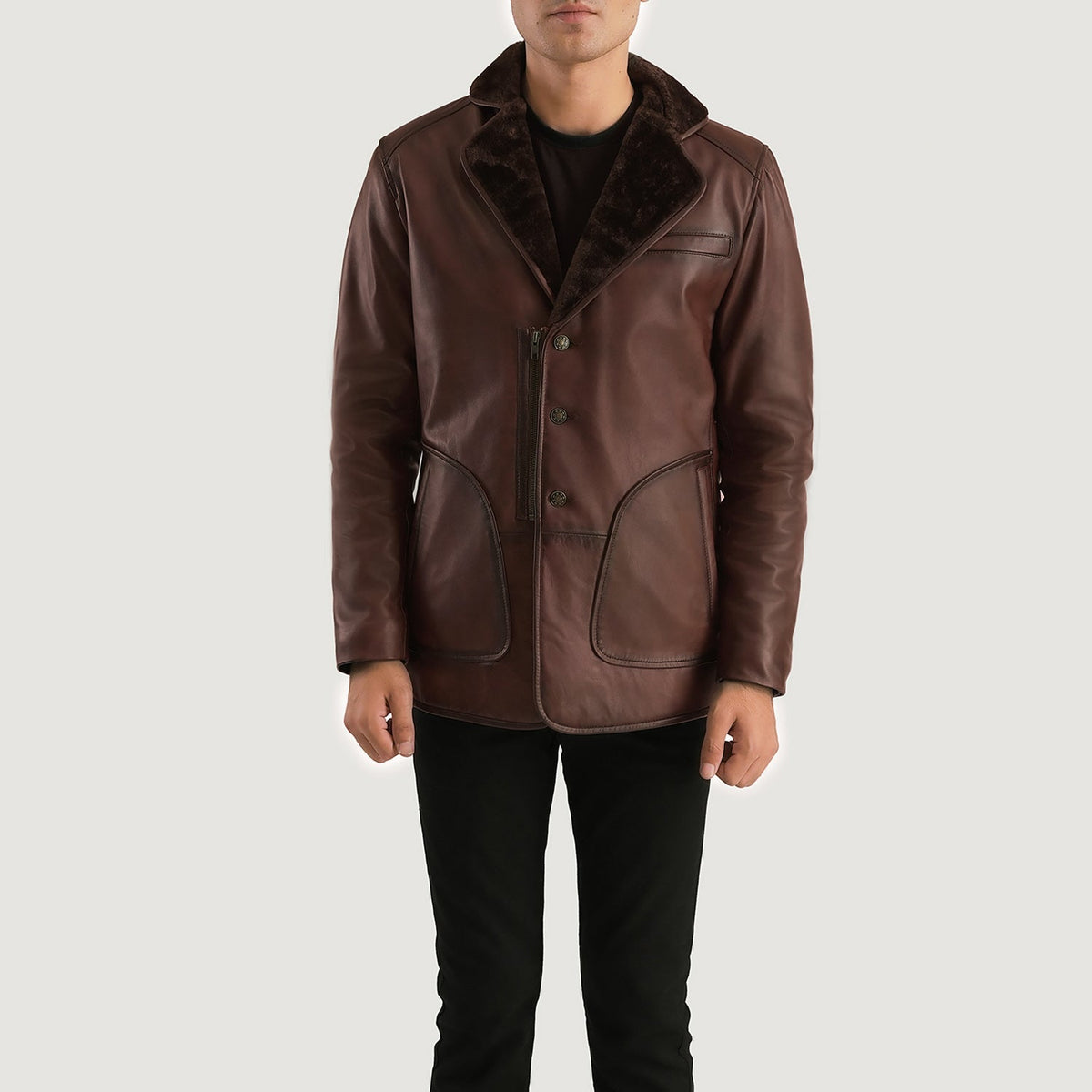 Men's Rocky Brown Fur Leather Coat in Distressed Brown Sheepskin Burnishing - Front Profile View &amp; Tailored Silhouette | Buy Online