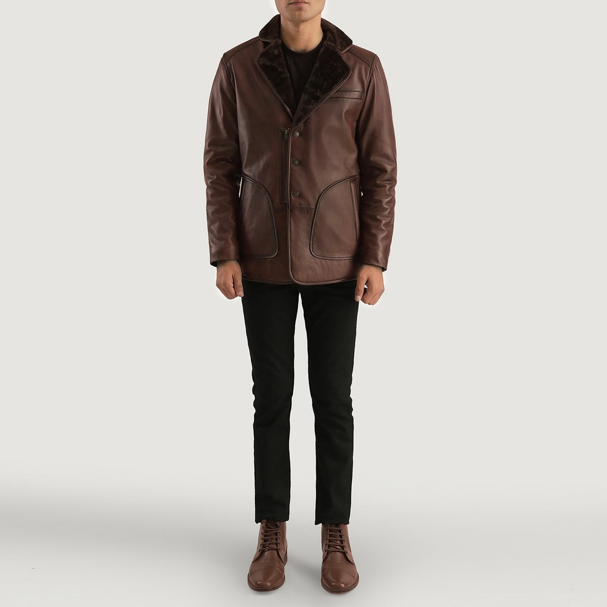 Close-Up Detail of Notch &amp; Button Hardware on Men's Rocky Brown Fur Leather Coat