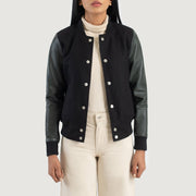 
Savant Green Hybrid Varsity Jacket in Green Sheepskin Leather - Front Profile View & Tailored Silhouette | Buy Online