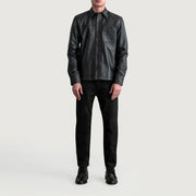 Close-Up Detail of Shirt &amp; Buttons Hardware on Scout Black Leather Shirt