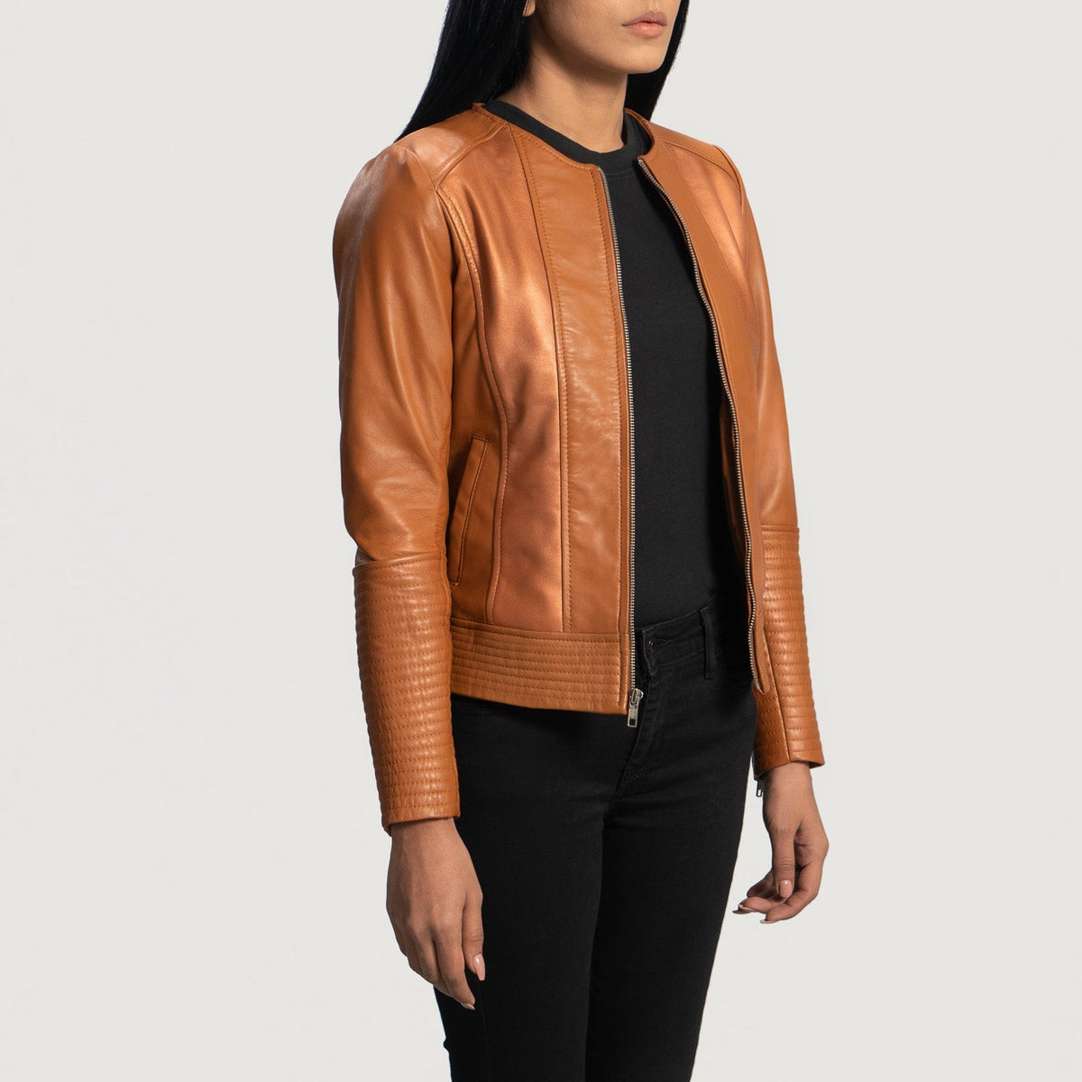 
Tan Brown Sheepskin Leather Biker Jacket - Back View Showing Tailored Shoulder Fit & Clean Hemline