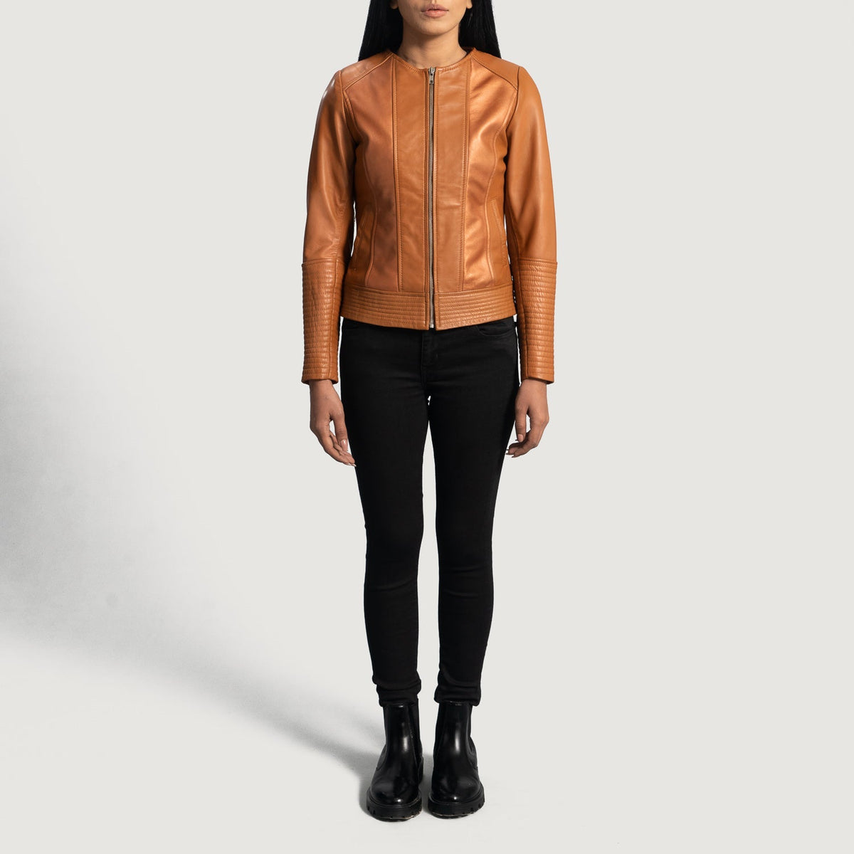 
Women's Sleeky Clean Tan Leather Biker Jacket - Lateral Side Profile View Showing Sleeve Cut & Athletic Taper Fit