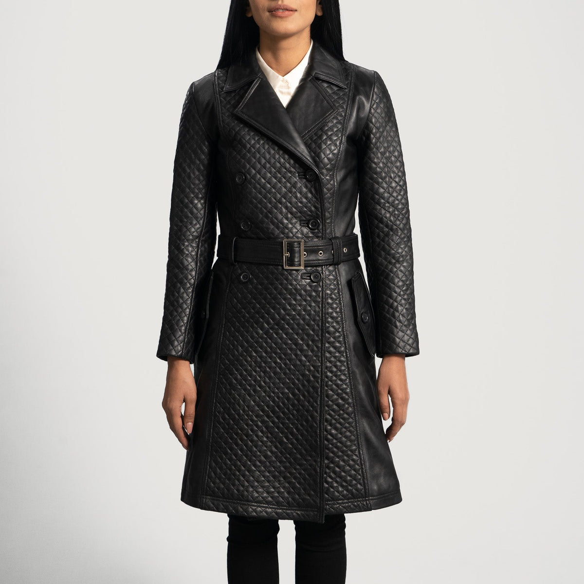 
Women's Sweet Susan Black Leather Trench Coat in Black Sheepskin Leather - Front Profile View & Tailored Silhouette | Buy Online