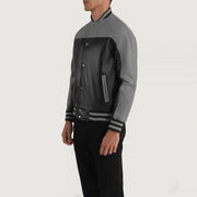 Black &amp; Red Sheepskin Leather Varsity Jacket - Back View Showing Tailored Shoulder Fit &amp; Clean Hemline