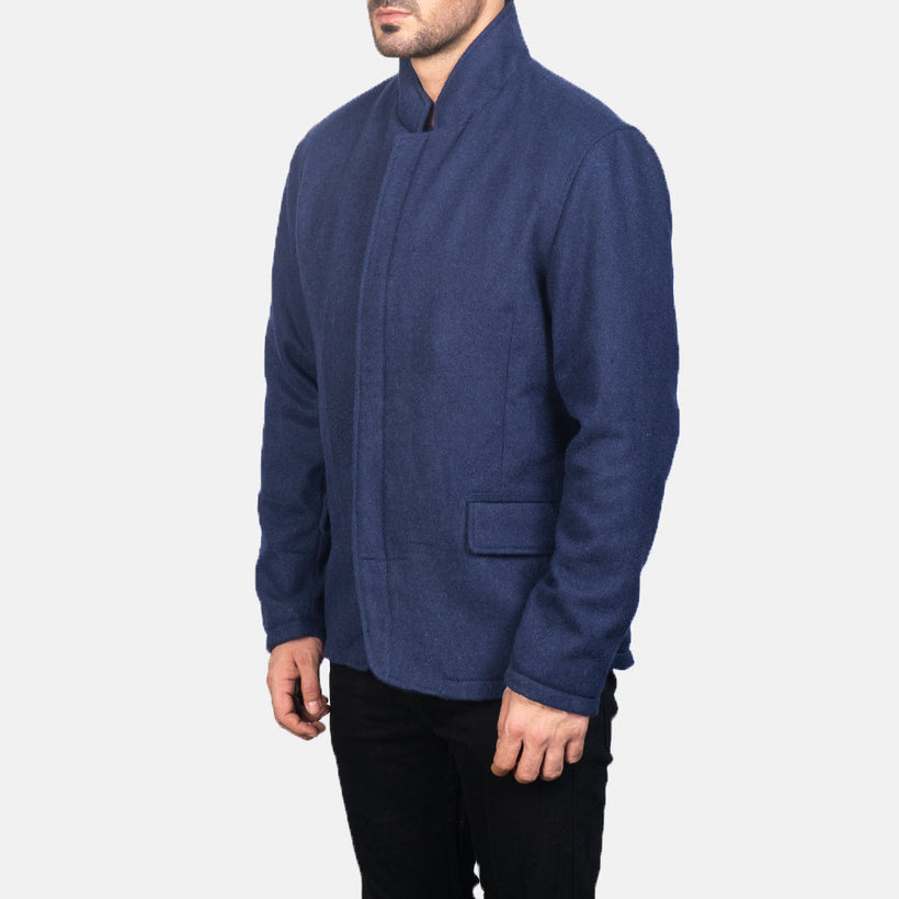 Navy Blue Synthetic Wool Winter Jacket - Back View Showing Tailored Shoulder Fit & Clean Hemline