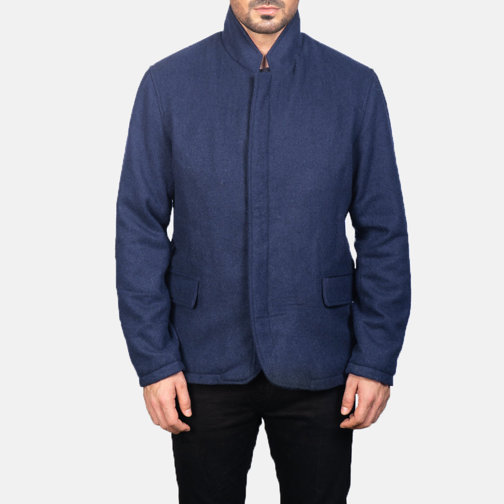 Close-Up Detail of Nehru &amp; Zipper with Dual Puller Hardware on Men's Thomas Blue Wool Jacket
