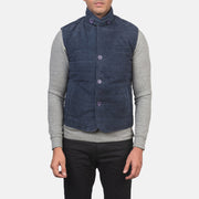 
Close-Up Detail of Notch with removable throat latch & Button Hardware on Men's Tony Blue Suede Vest