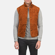Men's Tony Brown Suede Vest in Brown Goatskin Suede - Front Profile View &amp; Tailored Silhouette | Buy Online
