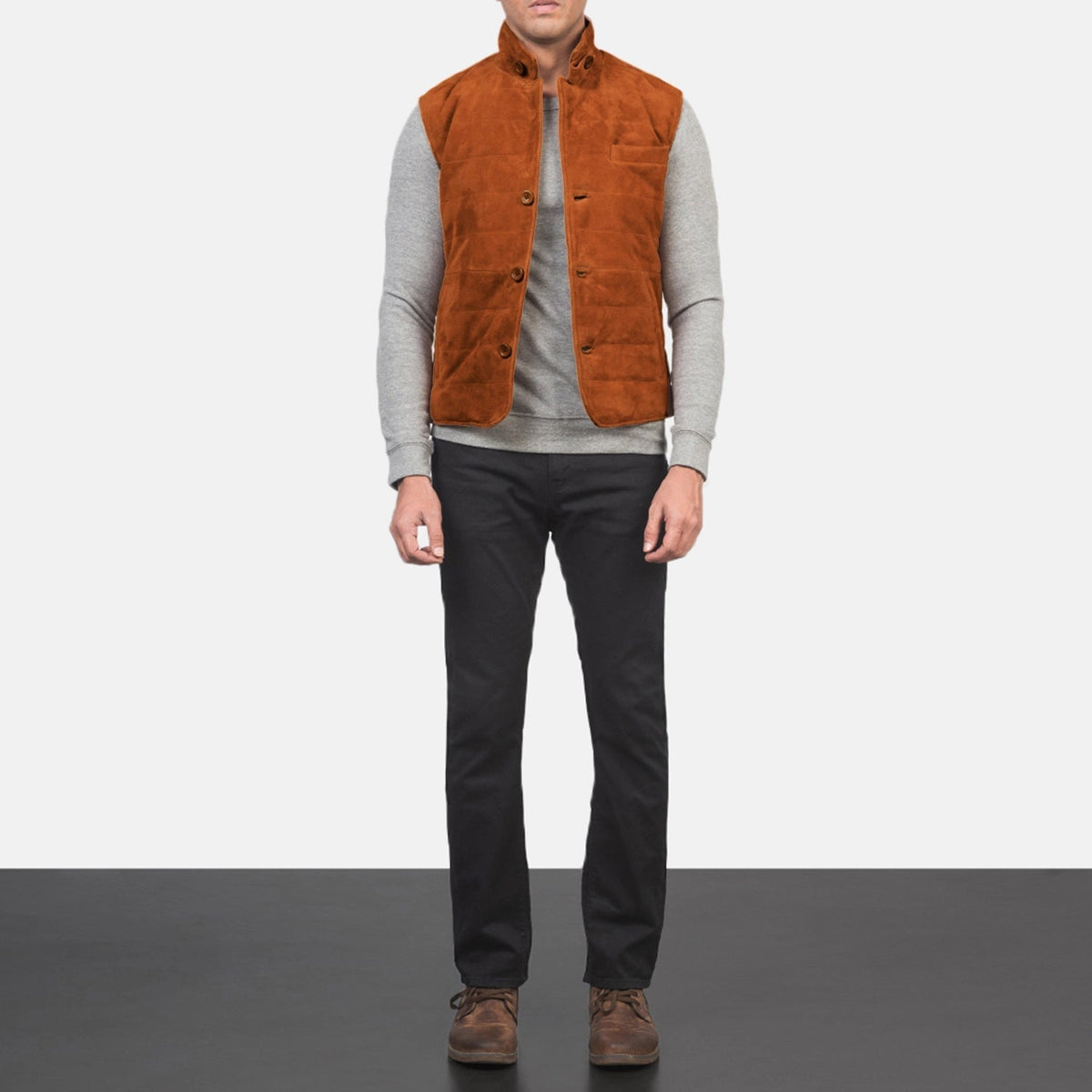 Men's Tony Brown Suede Vest - Lateral Side Profile View Showing Sleeve Cut &amp; Athletic Taper Fit