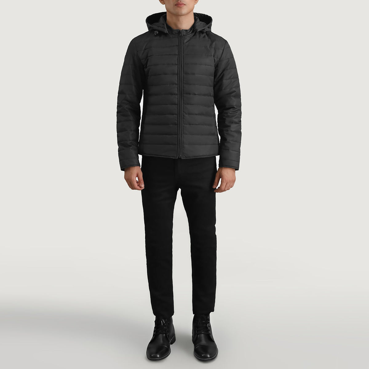 Tyler Black Hooded Puffer Jacket - Lateral Side Profile View Showing Sleeve Cut &amp; Athletic Taper Fit