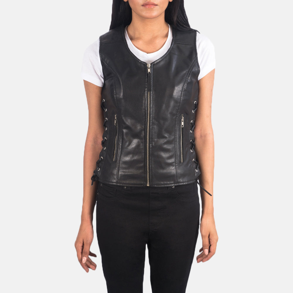 
Close-Up Detail of V-neck & Zipper Hardware on Women's Vanda Black Leather Biker Vest