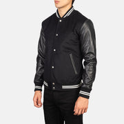 
Black Sheepskin Leather Varsity Jacket - Back View Showing Tailored Shoulder Fit & Clean Hemline