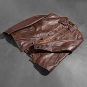 Buttoned &amp; Hem Craftsmanship Construction Detail on Waffle Brown Leather Jacket