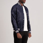 Blue Satin Varsity Jacket - Back View Showing Tailored Shoulder Fit &amp; Clean Hemline