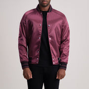 Xander Maroon Varsity Jacket - Lateral Side Profile View Showing Sleeve Cut &amp; Athletic Taper Fit