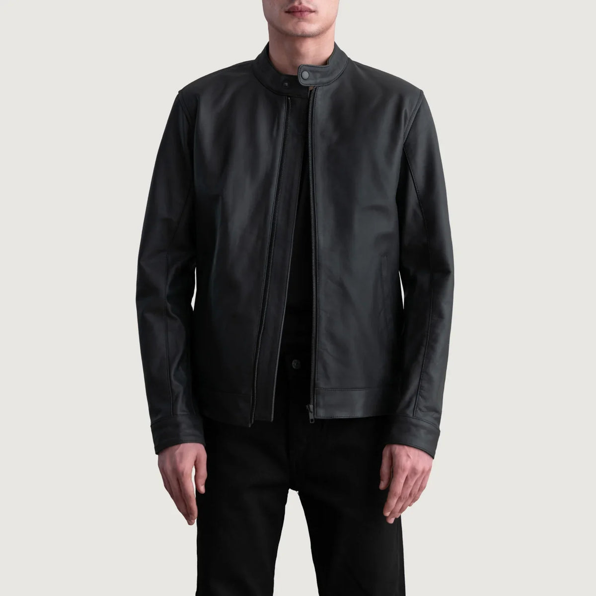 
Zen Matte Black Leather Biker Jacket in Matte Black Cowhide Leather - Front Profile View & Tailored Silhouette | Buy Online