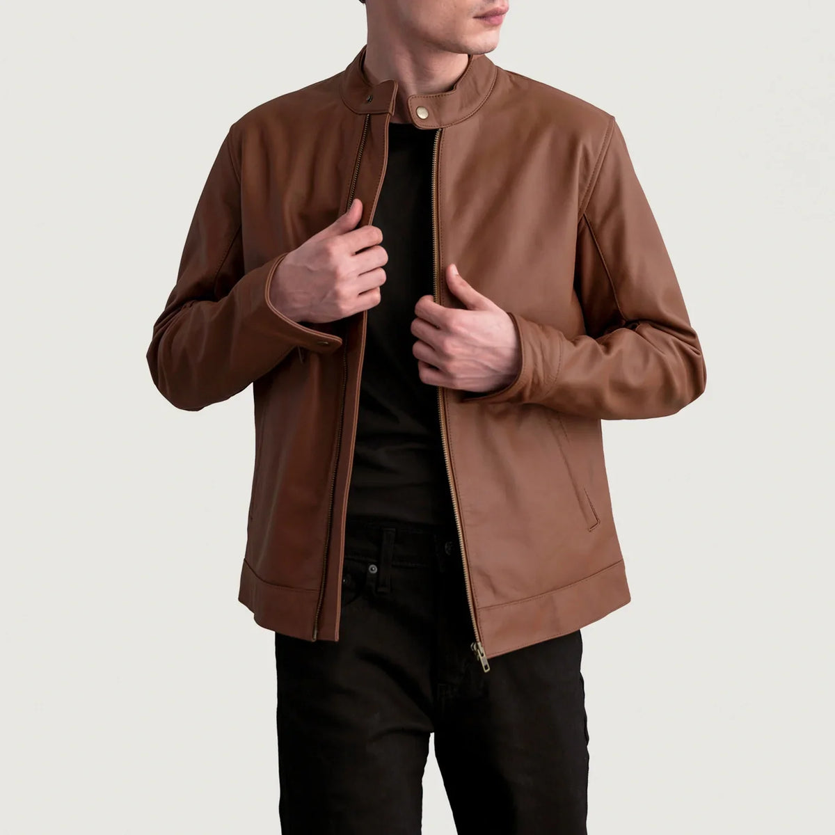 
Zen Matte Brown Leather Biker Jacket in Matte Brown Cowhide Leather - Front Profile View & Tailored Silhouette | Buy Online