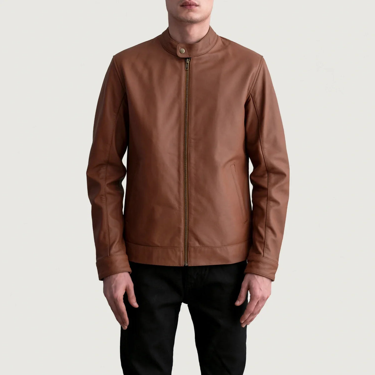 
Zen Matte Brown Leather Biker Jacket - Lateral Side Profile View Showing Sleeve Cut & Athletic Taper Fit