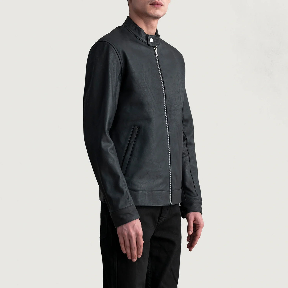 
Tumbled Black Sheepskin Leather Biker Jacket - Back View Showing Tailored Shoulder Fit & Clean Hemline